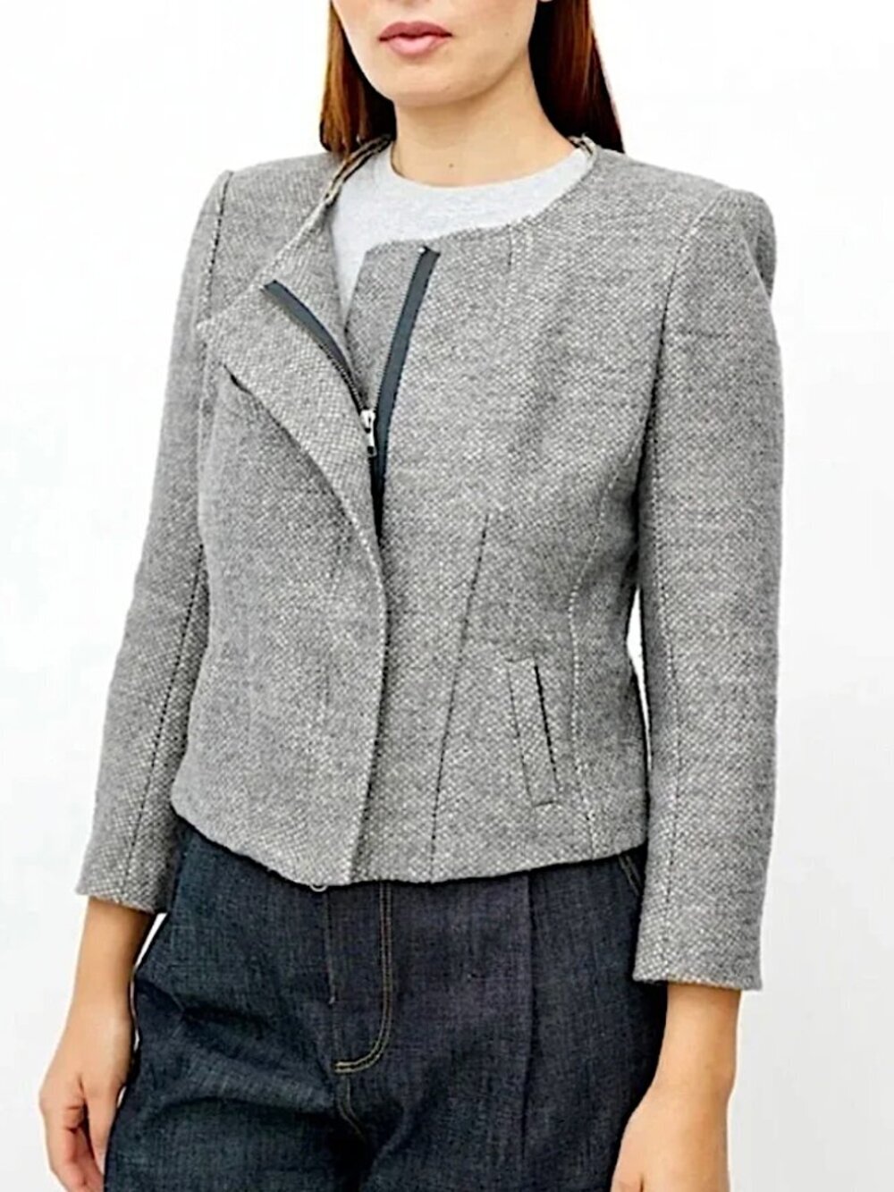 ISABEL MARANT ETOILE Virgin Wool Tweed Jacket No 1501 Zip Designer Gray